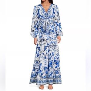 A Loves A Blue Linen Blend Floral Tapestry Tie Waist Long Sleeve Maxi Dress NWT